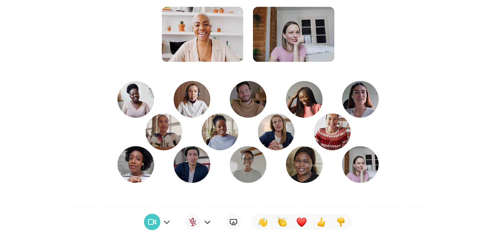 A meeting interface showing a diverse group of smiling people in individual video call frames, representing participants in an online group learning session. Emojis for reactions and audio control icons indicate the interactive features of the platform, emphasizing the importance of using the right technological tools for effective hybrid collaboration.