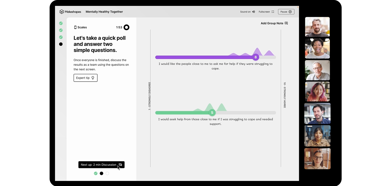 A digital engagement platform displays a live poll with interactive graphs alongside a video chat window, fostering real-time participation and discussion.
